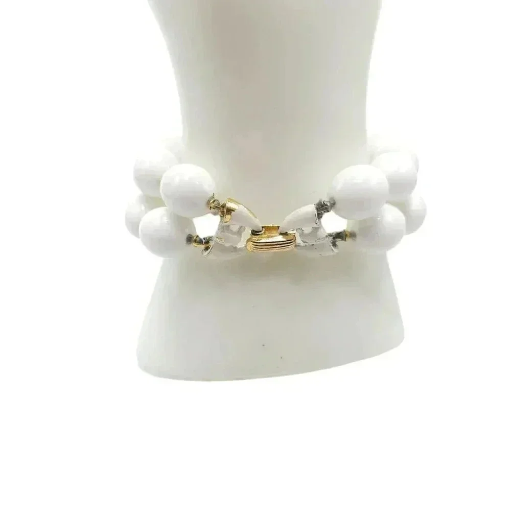 Trifari Double Stranded White Lucite Bead Bracelet Gold Tone Closure Vintage